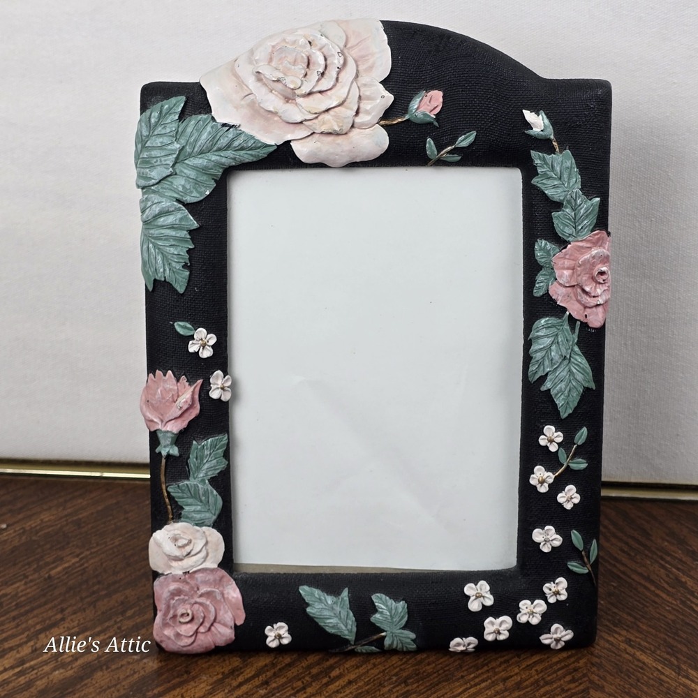 Vintage Black‎ Floral Picture Frame Pink Roses White Flowers Floral Resin 5x7
